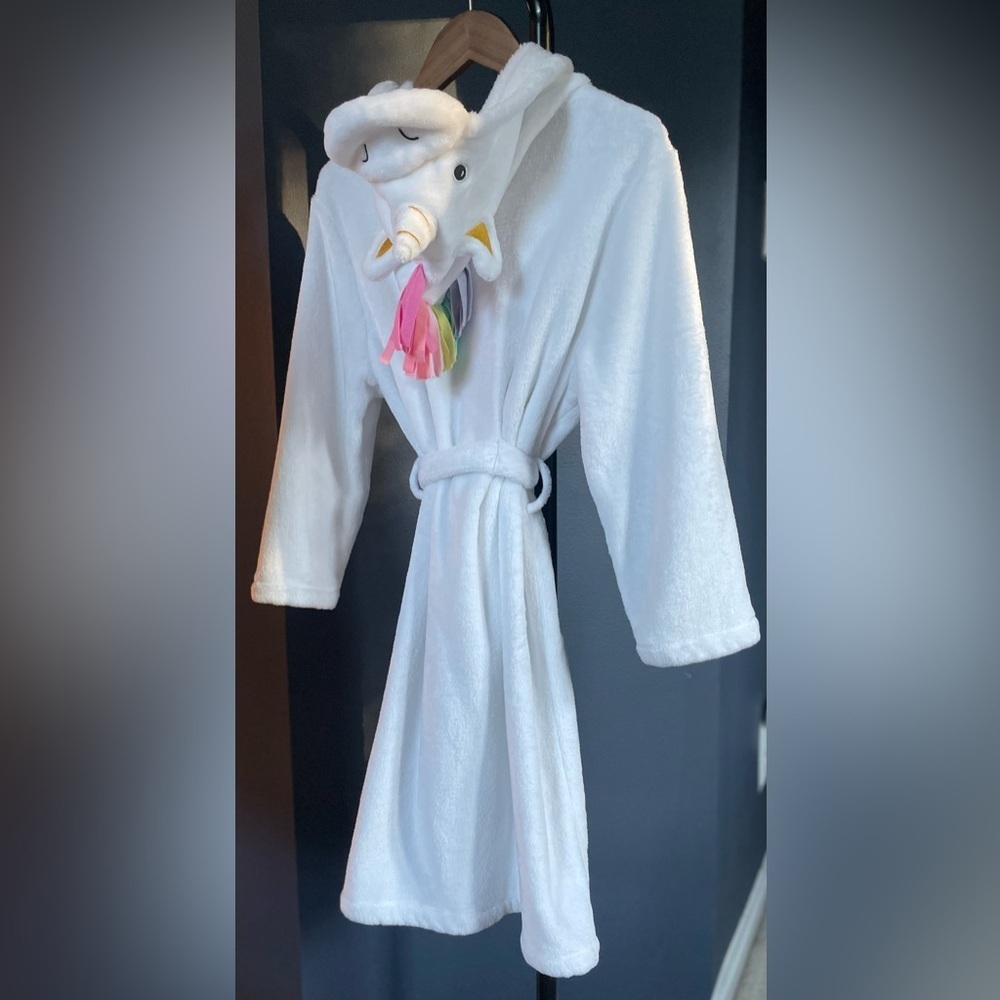 Pottery Barn Kids Hooded Unicorn Plush Fleece Robe, White, Rainbow Mane on Hood